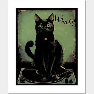 Black Cat Sitting On Vinyl Record Player Women, Men Posters and Art